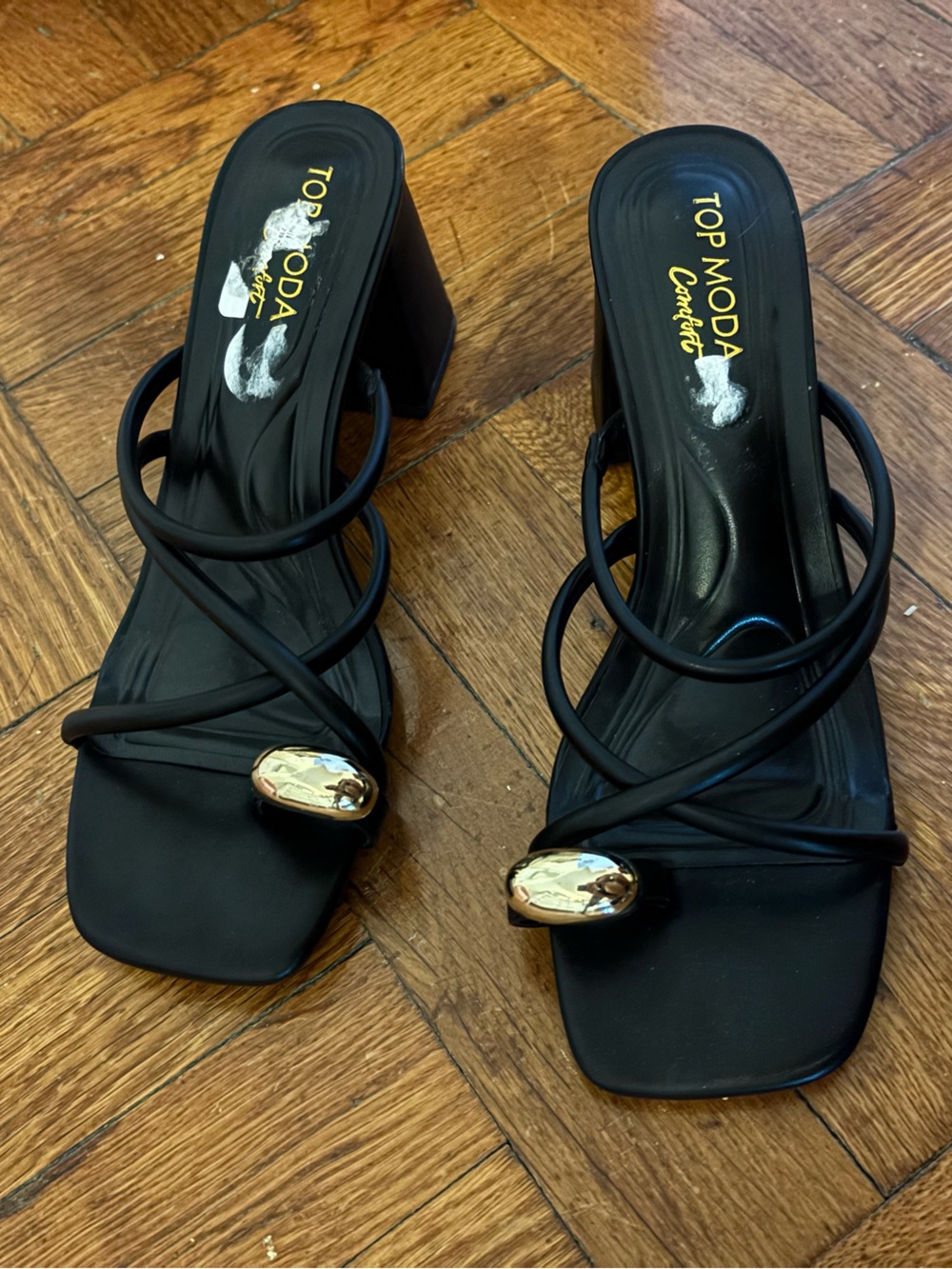 TOP Moda Black Strappy Block Heel Sandals with Gold Orb Accent
